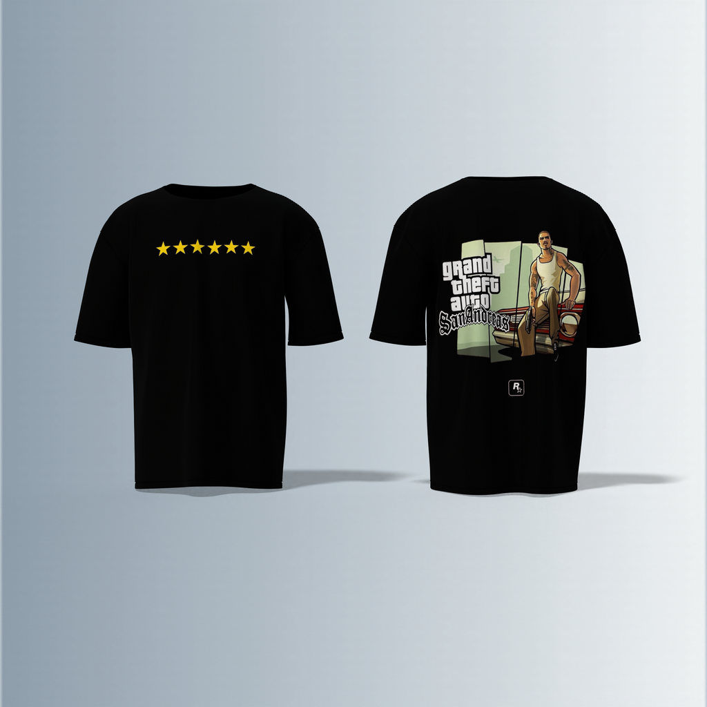 Oversized Round-Neck Tee Featuring Front Yellow Five-Star Wanted Level Design and Back Grand Theft Auto San Andreas Artwork with Iconic CJ Character and Classic Game Logo