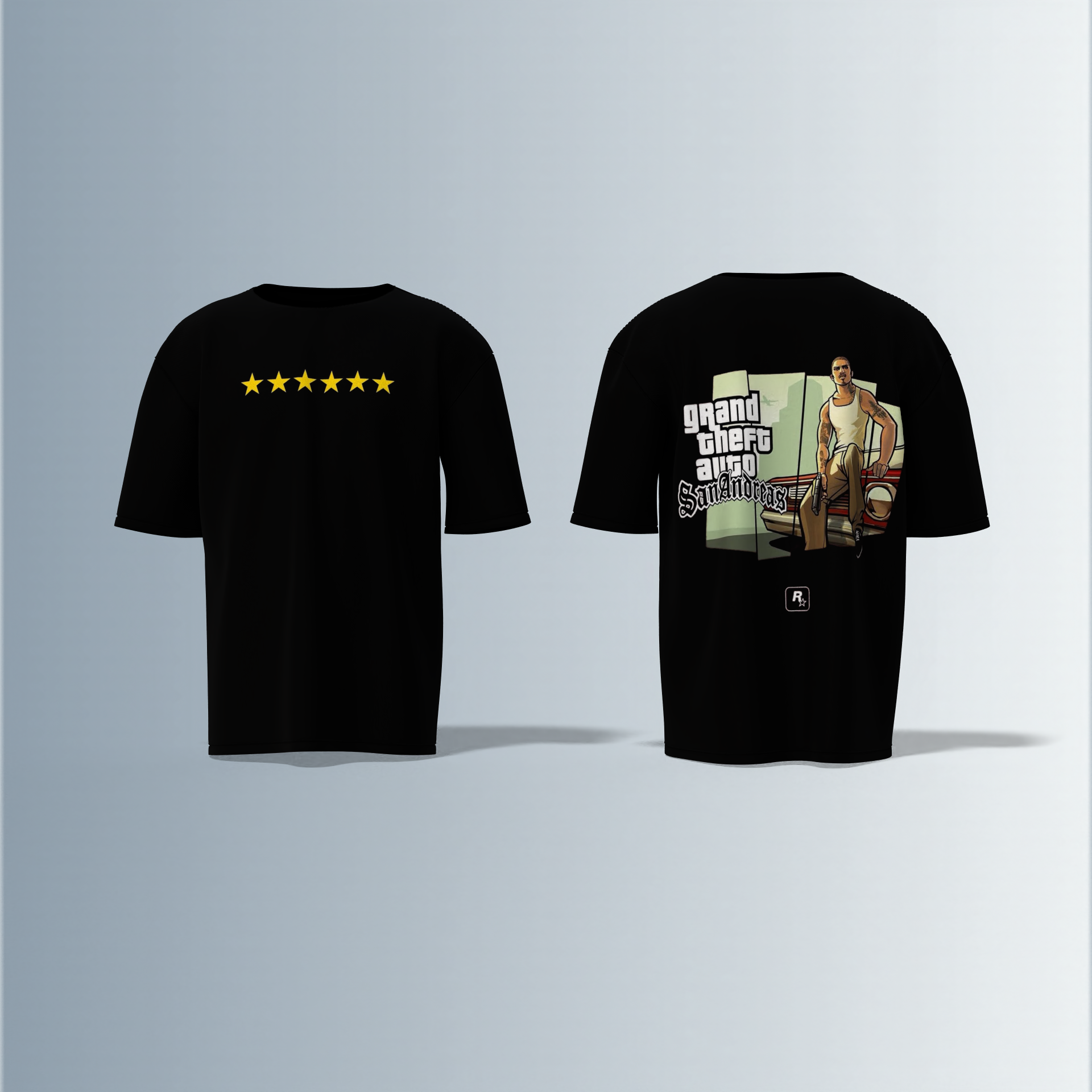 Oversized Round-Neck Tee Featuring Front Yellow Five-Star Wanted Level Design and Back Grand Theft Auto San Andreas Artwork with Iconic CJ Character and Classic Game Logo