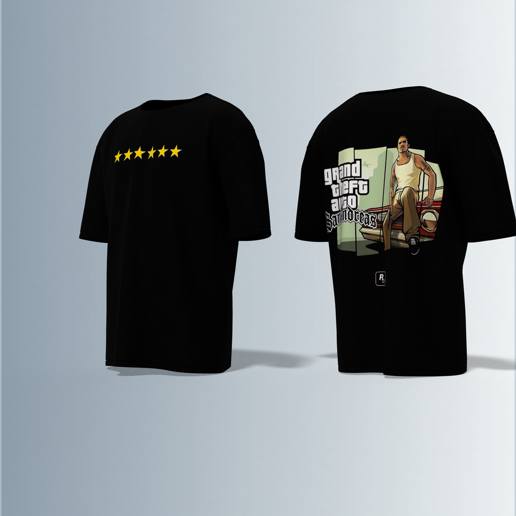 Oversized Round-Neck Tee Featuring Front Yellow Five-Star Wanted Level Design and Back Grand Theft Auto San Andreas Artwork with Iconic CJ Character and Classic Game Logo