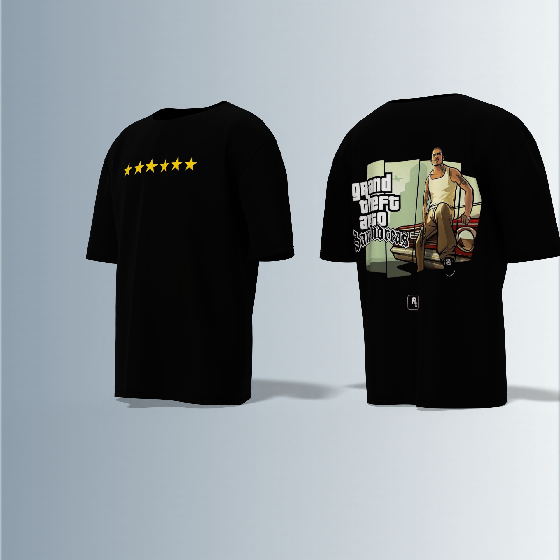 Oversized Round-Neck Tee Featuring Front Yellow Five-Star Wanted Level Design and Back Grand Theft Auto San Andreas Artwork with Iconic CJ Character and Classic Game Logo