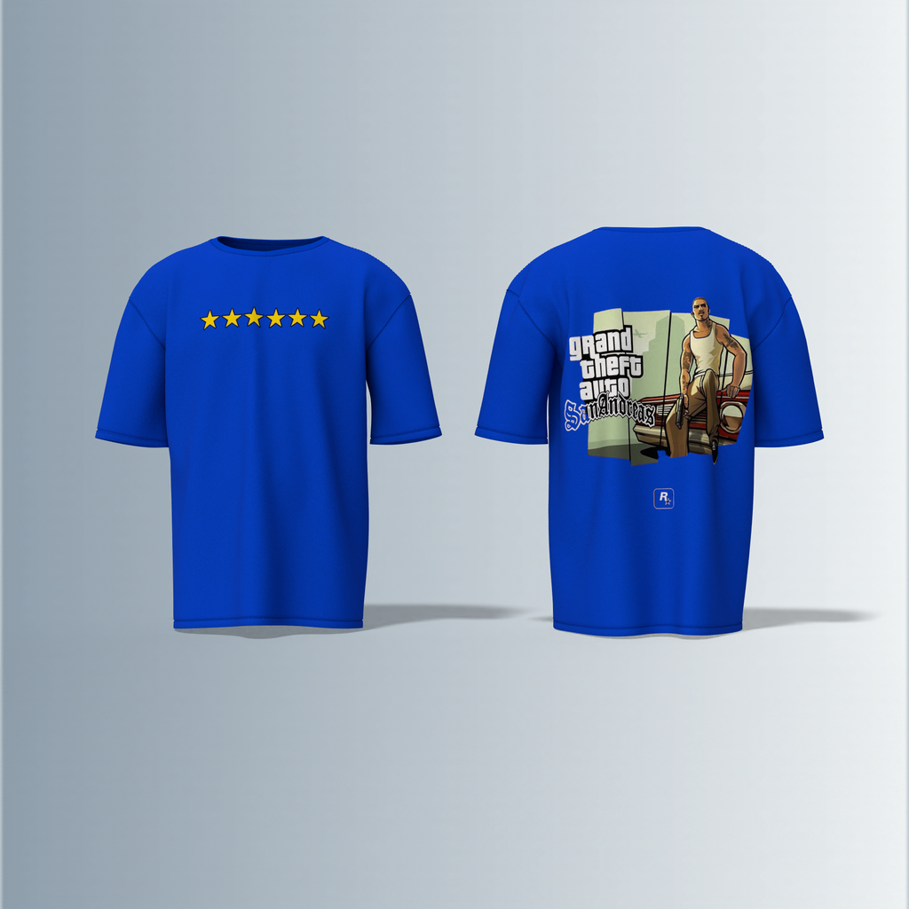 Oversized Round-Neck Tee Featuring Front Yellow Five-Star Wanted Level Design and Back Grand Theft Auto San Andreas Artwork with Iconic CJ Character and Classic Game Logo