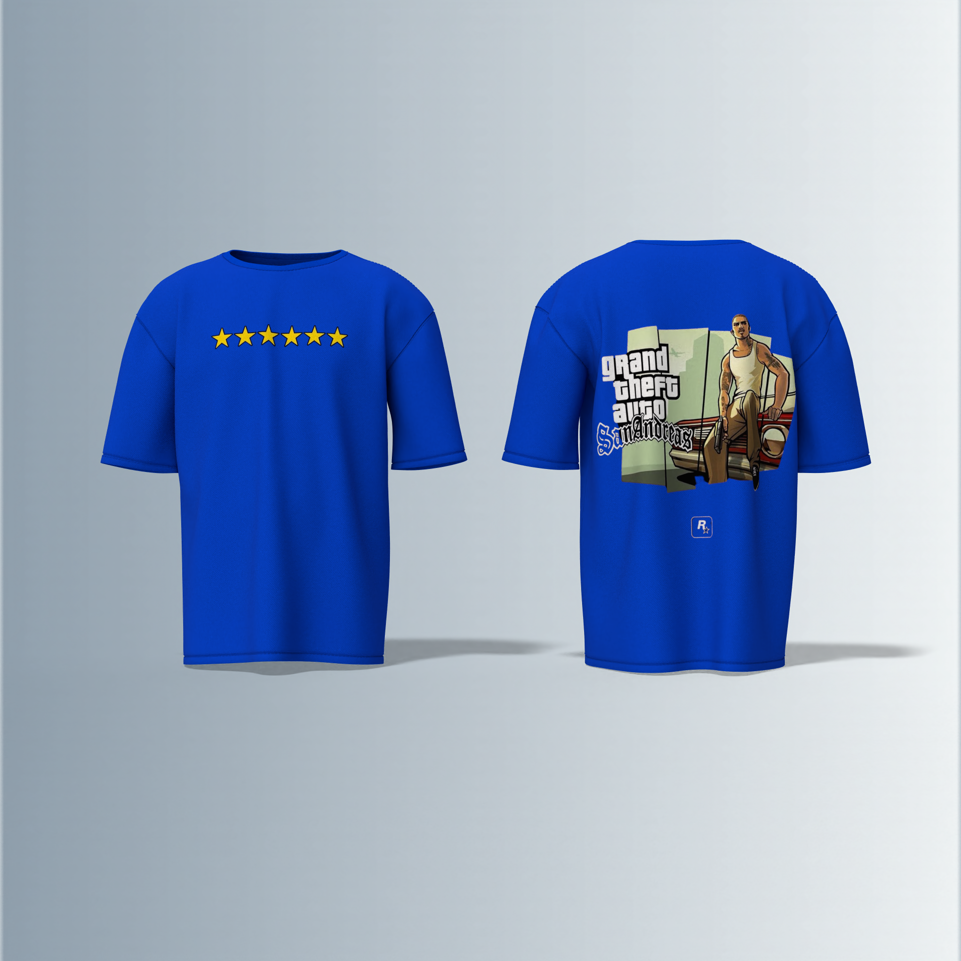 Oversized Round-Neck Tee Featuring Front Yellow Five-Star Wanted Level Design and Back Grand Theft Auto San Andreas Artwork with Iconic CJ Character and Classic Game Logo
