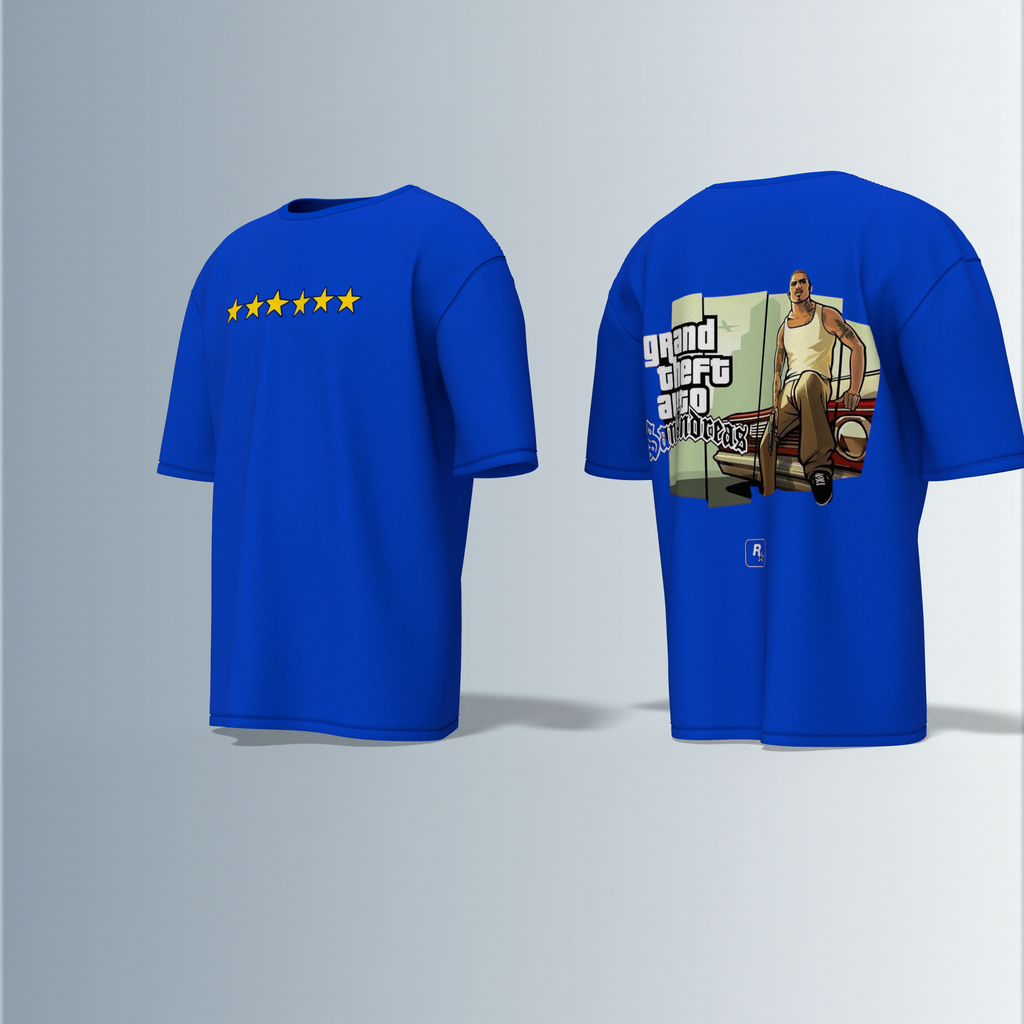 Oversized Round-Neck Tee Featuring Front Yellow Five-Star Wanted Level Design and Back Grand Theft Auto San Andreas Artwork with Iconic CJ Character and Classic Game Logo