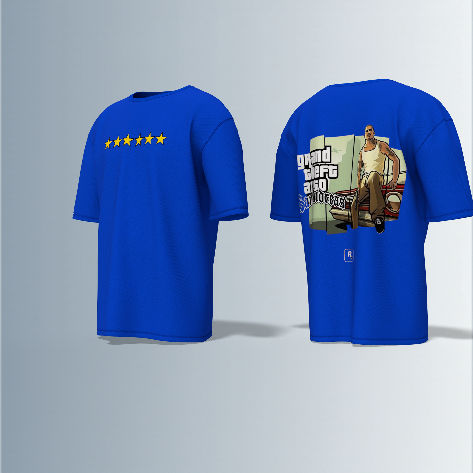 Oversized Round-Neck Tee Featuring Front Yellow Five-Star Wanted Level Design and Back Grand Theft Auto San Andreas Artwork with Iconic CJ Character and Classic Game Logo
