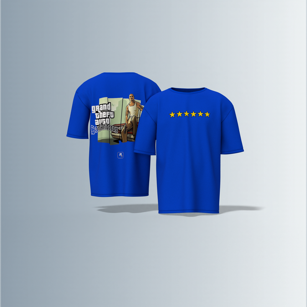 Oversized Round-Neck Tee Featuring Front Yellow Five-Star Wanted Level Design and Back Grand Theft Auto San Andreas Artwork with Iconic CJ Character and Classic Game Logo
