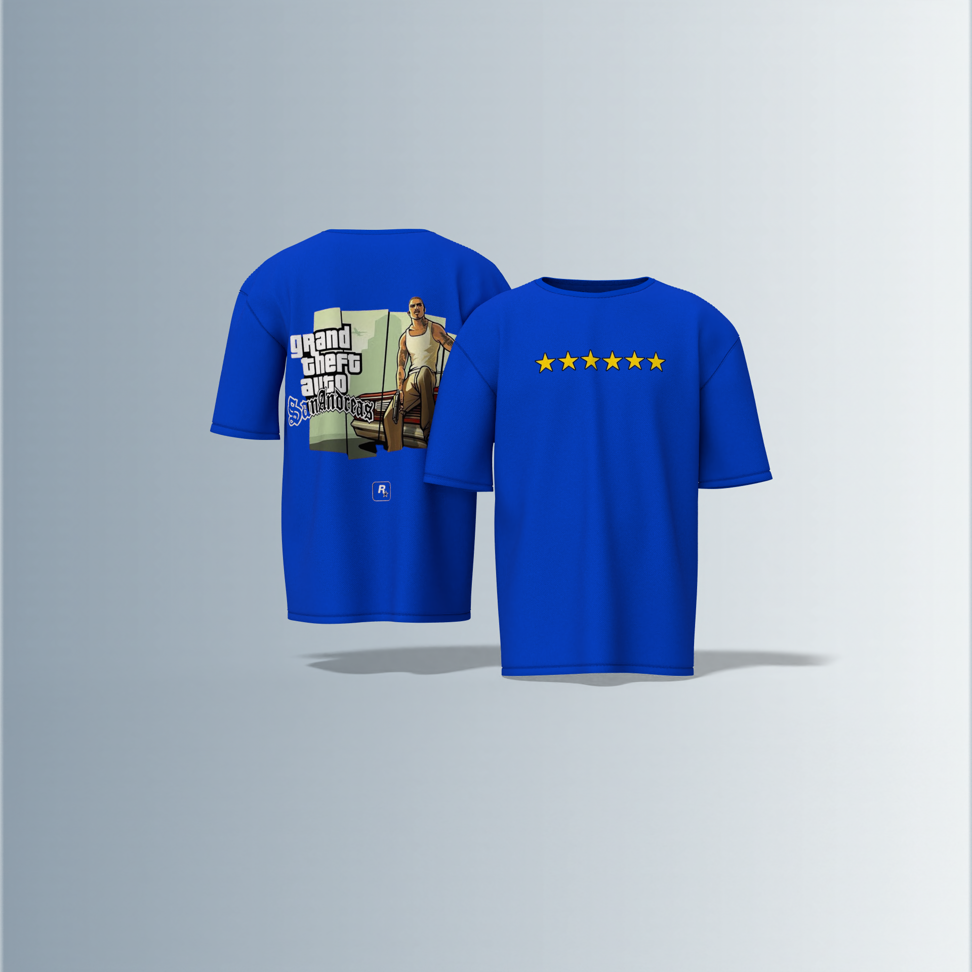 Oversized Round-Neck Tee Featuring Front Yellow Five-Star Wanted Level Design and Back Grand Theft Auto San Andreas Artwork with Iconic CJ Character and Classic Game Logo