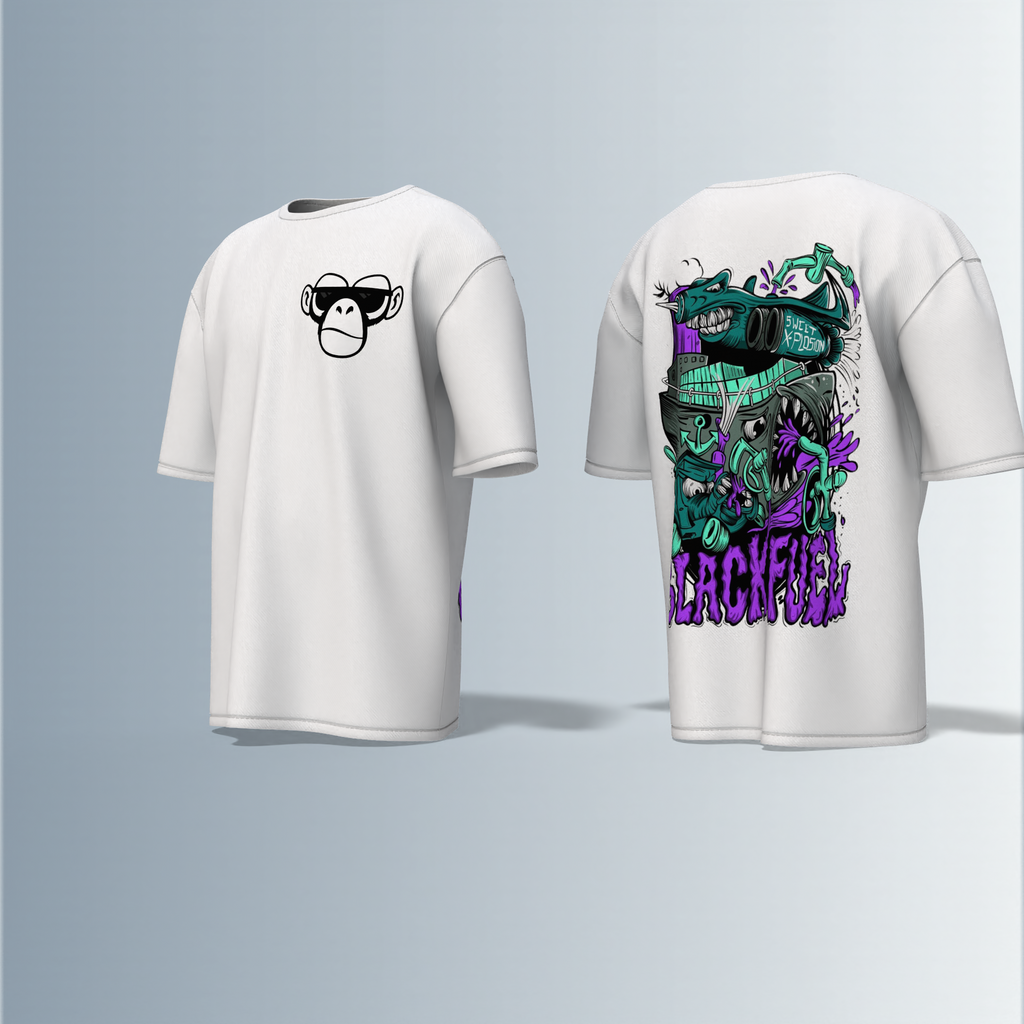 Oversized Round-Neck Tee Featuring Front Minimalist Cartoon Ape Face Design and Back Bold Graffiti-Style Art with Industrial Elements, Neon Accents, and ‘BLACK FUN’ Text