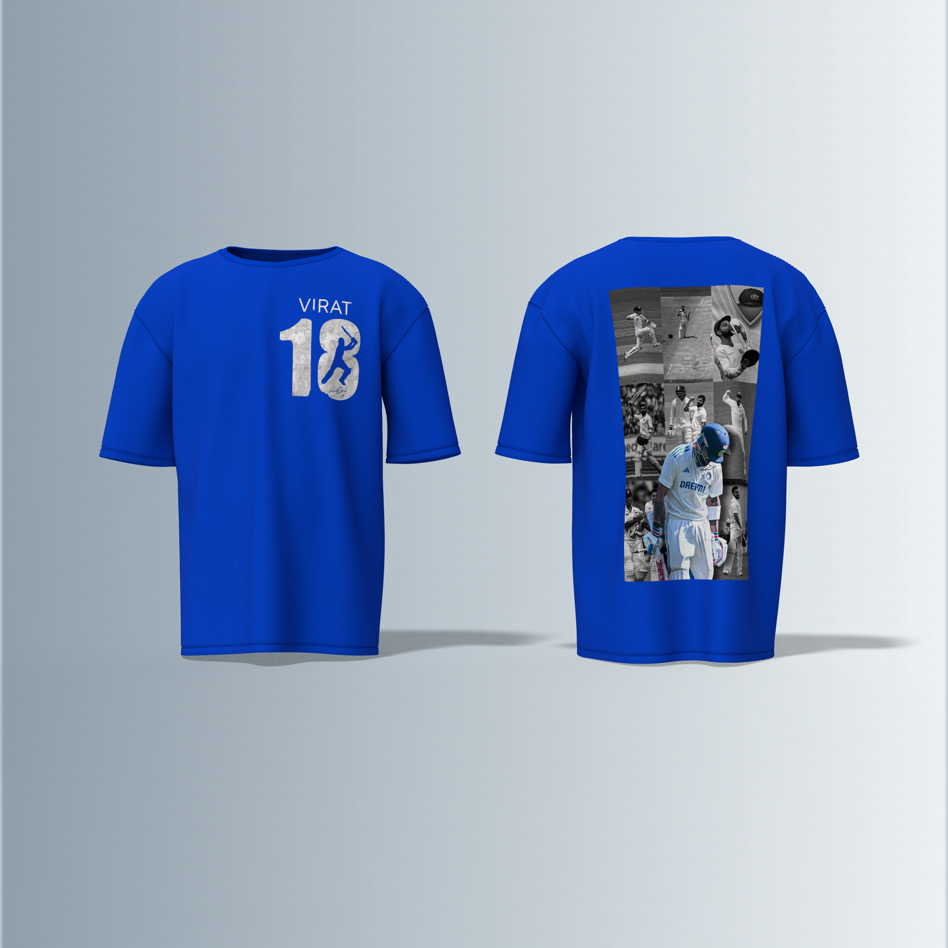 LIMITED EDITION Oversized Round-Neck Tee Showcasing Iconic Cricket Action Collage on Back and Bold ‘VIRAT 18’ Graphic with Silhouette Batsman on Front