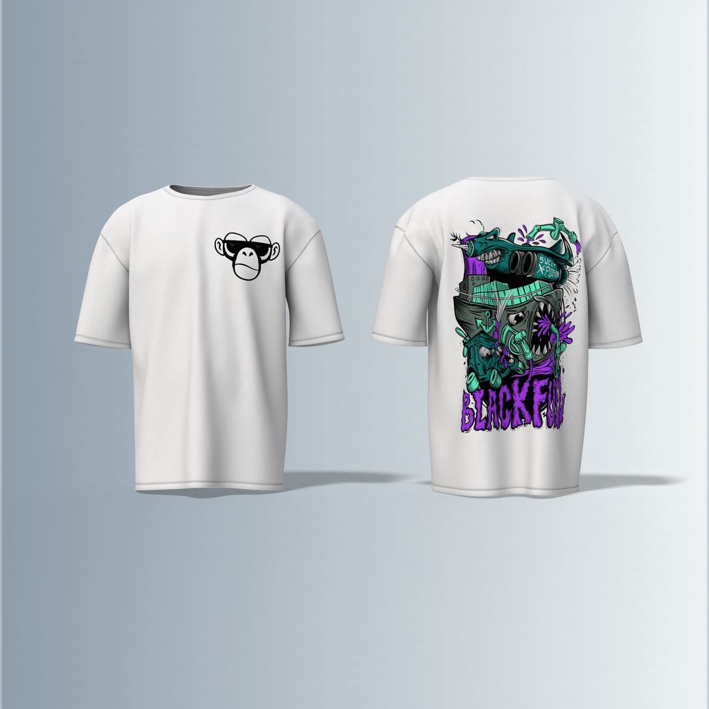 Oversized Round-Neck Tee Featuring Front Minimalist Cartoon Ape Face Design and Back Bold Graffiti-Style Art with Industrial Elements, Neon Accents, and ‘BLACK FUN’ Text