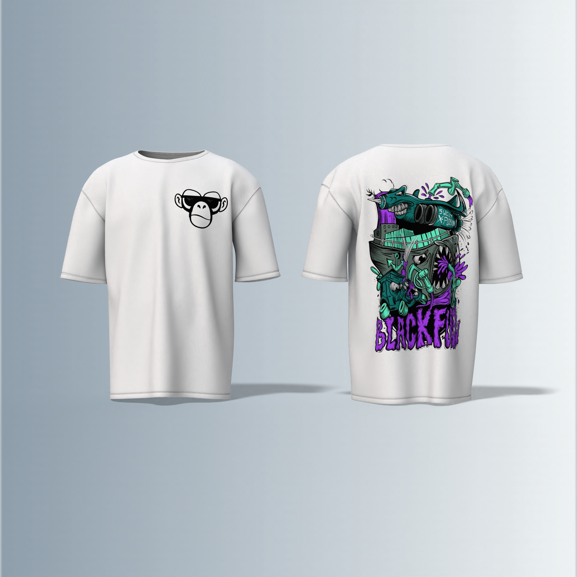Oversized Round-Neck Tee Featuring Front Minimalist Cartoon Ape Face Design and Back Bold Graffiti-Style Art with Industrial Elements, Neon Accents, and ‘BLACK FUN’ Text