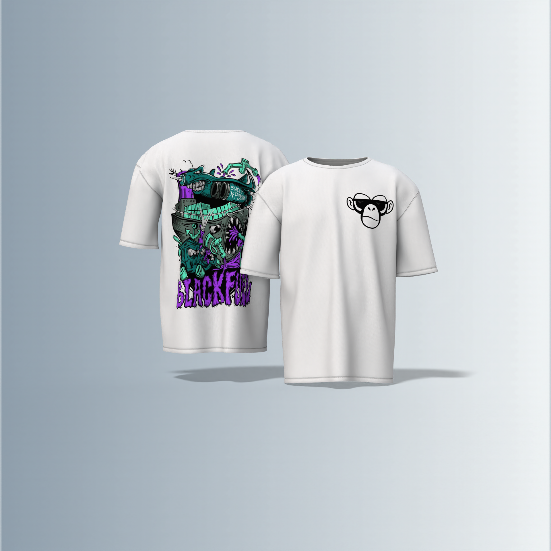 Oversized Round-Neck Tee Featuring Front Minimalist Cartoon Ape Face Design and Back Bold Graffiti-Style Art with Industrial Elements, Neon Accents, and ‘BLACK FUN’ Text