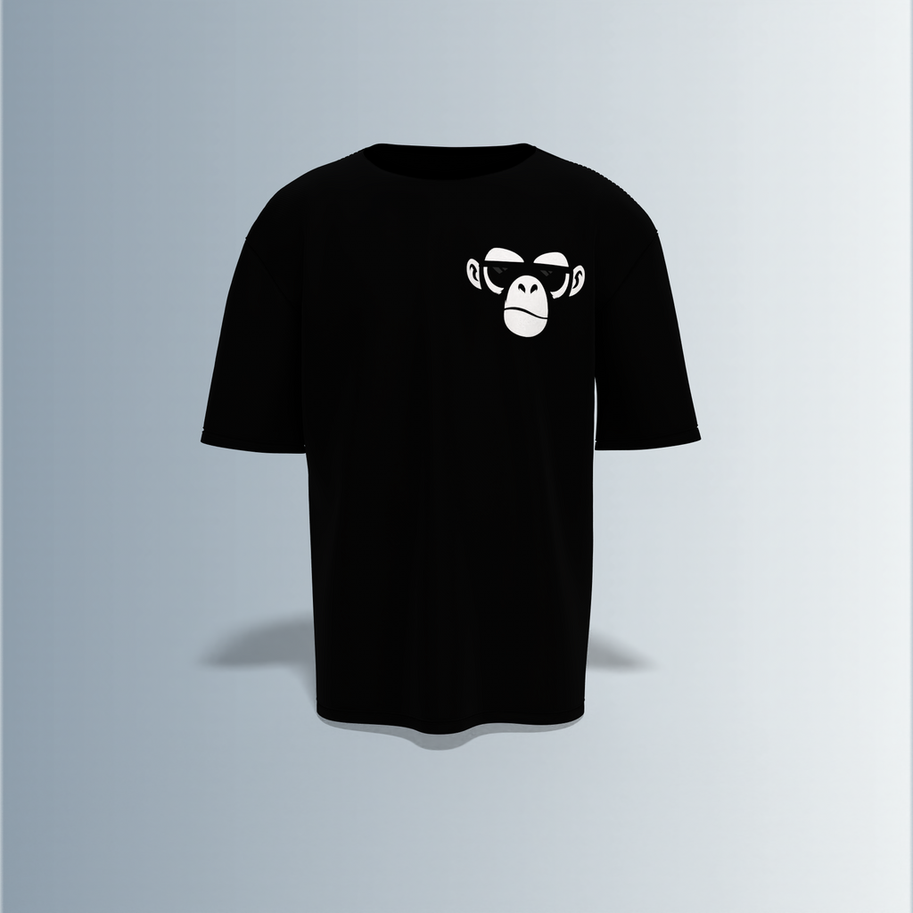 Oversized Round-Neck Tee Featuring Front Minimalist Cartoon Ape Face Design and Back Bold Graffiti-Style Art with Industrial Elements, Neon Accents, and ‘BLACK FUN’ Text