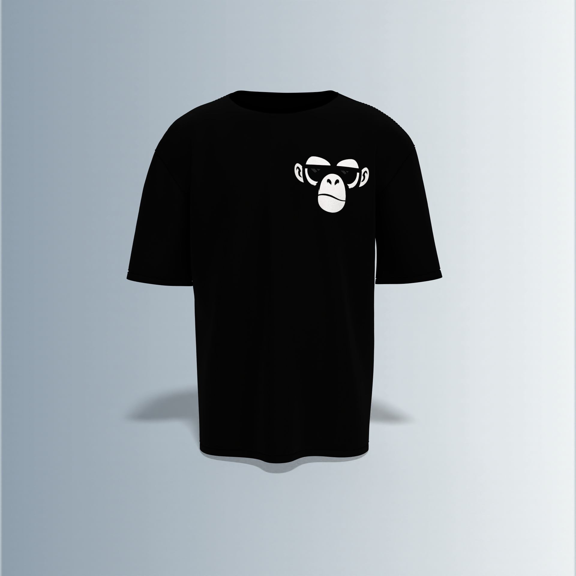 Oversized Round-Neck Tee Featuring Front Minimalist Cartoon Ape Face Design and Back Bold Graffiti-Style Art with Industrial Elements, Neon Accents, and ‘BLACK FUN’ Text
