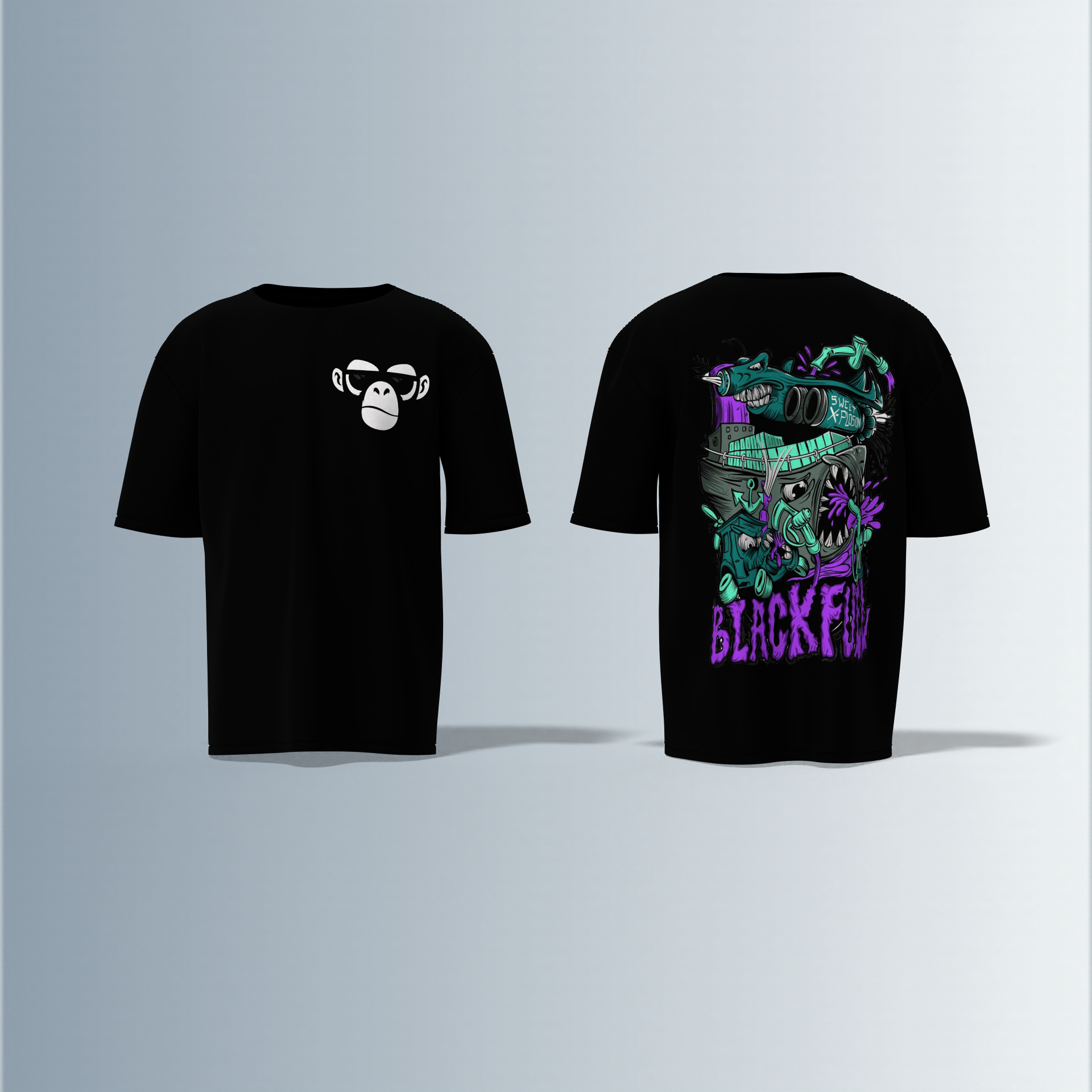 Oversized Round-Neck Tee Featuring Front Minimalist Cartoon Ape Face Design and Back Bold Graffiti-Style Art with Industrial Elements, Neon Accents, and ‘BLACK FUN’ Text