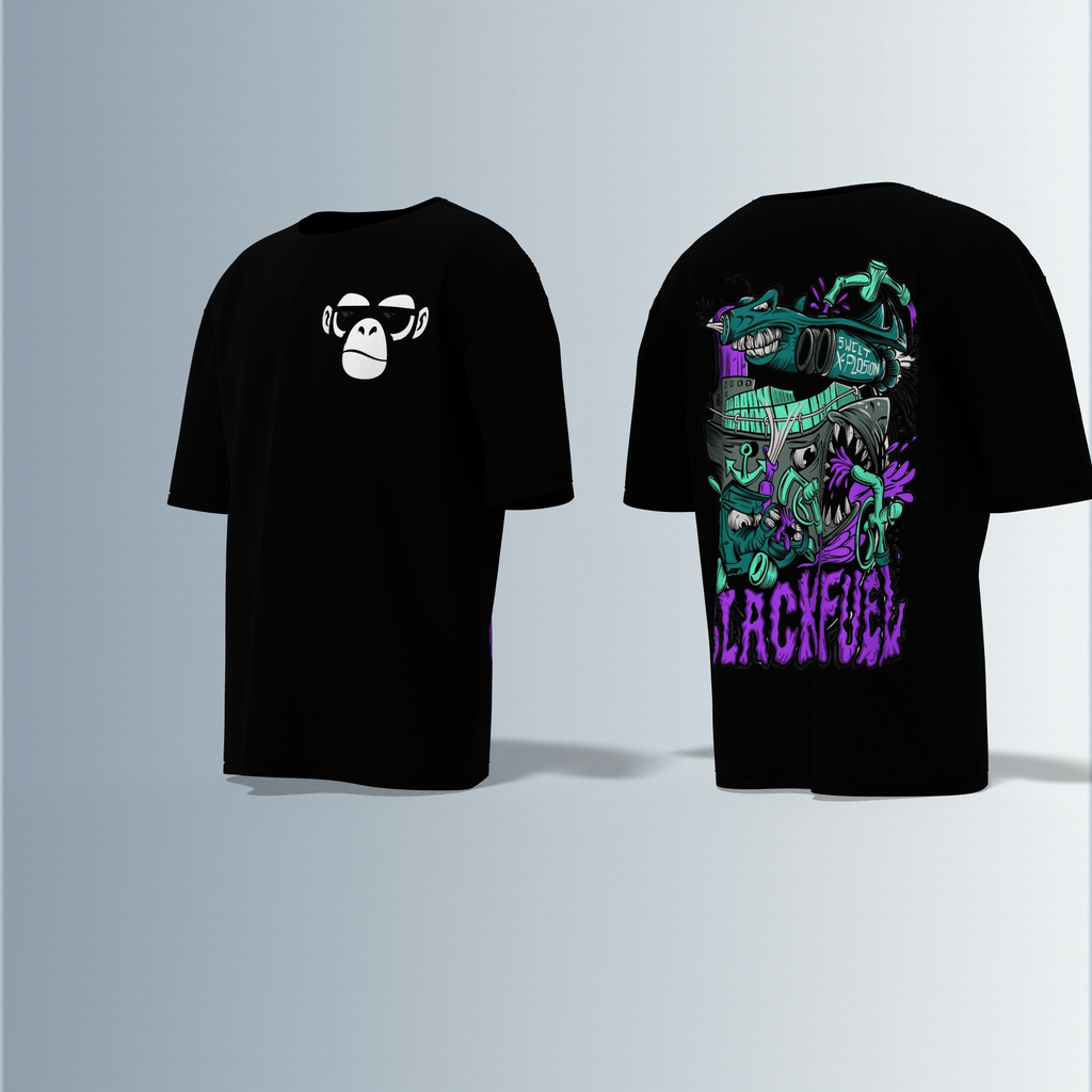 Oversized Round-Neck Tee Featuring Front Minimalist Cartoon Ape Face Design and Back Bold Graffiti-Style Art with Industrial Elements, Neon Accents, and ‘BLACK FUN’ Text