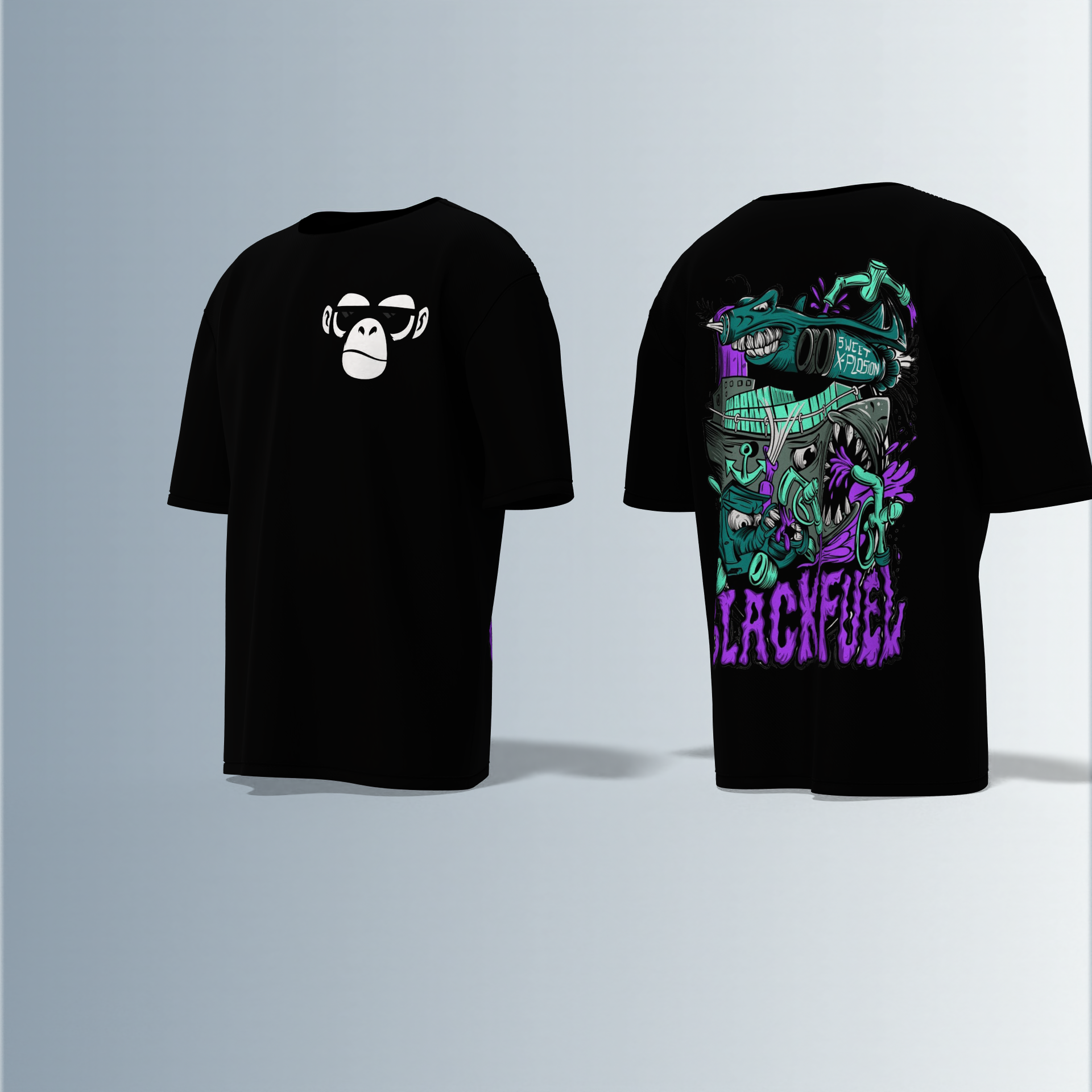 Oversized Round-Neck Tee Featuring Front Minimalist Cartoon Ape Face Design and Back Bold Graffiti-Style Art with Industrial Elements, Neon Accents, and ‘BLACK FUN’ Text