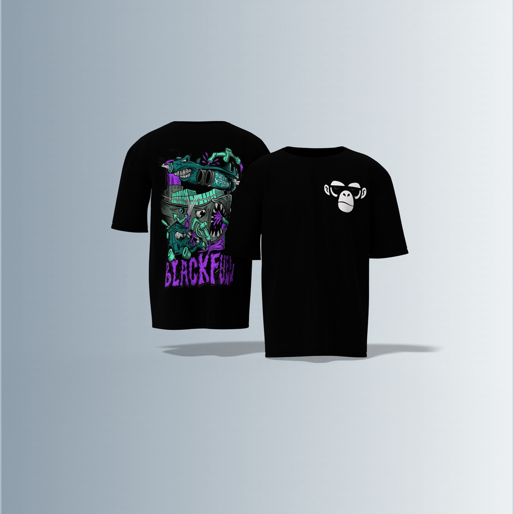 Oversized Round-Neck Tee Featuring Front Minimalist Cartoon Ape Face Design and Back Bold Graffiti-Style Art with Industrial Elements, Neon Accents, and ‘BLACK FUN’ Text