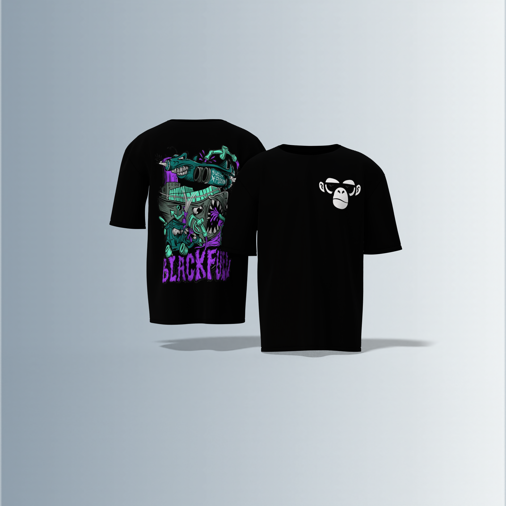 Oversized Round-Neck Tee Featuring Front Minimalist Cartoon Ape Face Design and Back Bold Graffiti-Style Art with Industrial Elements, Neon Accents, and ‘BLACK FUN’ Text