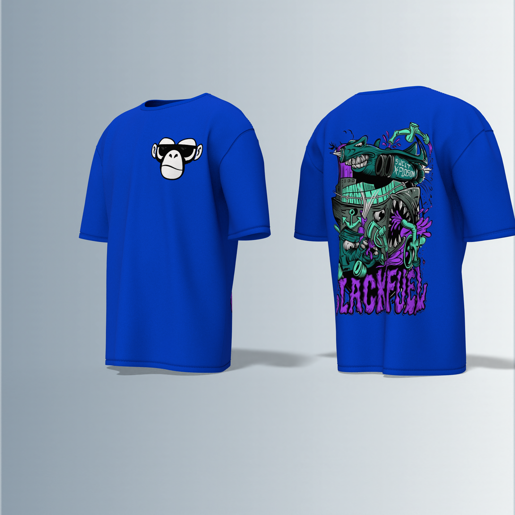 Oversized Round-Neck Tee Featuring Front Minimalist Cartoon Ape Face Design and Back Bold Graffiti-Style Art with Industrial Elements, Neon Accents, and ‘BLACK FUN’ Text
