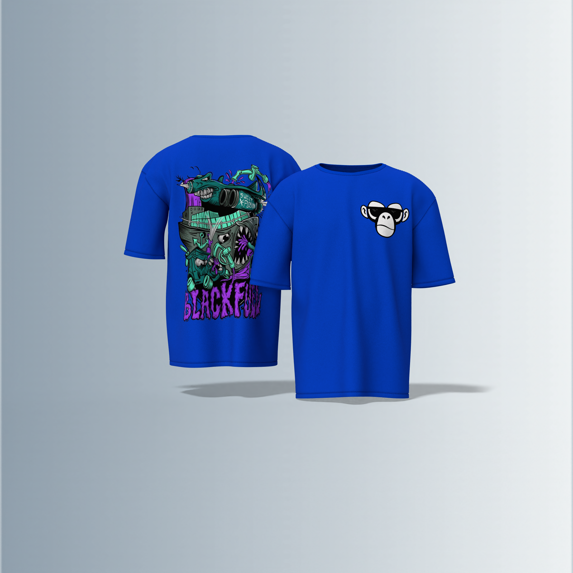 Oversized Round-Neck Tee Featuring Front Minimalist Cartoon Ape Face Design and Back Bold Graffiti-Style Art with Industrial Elements, Neon Accents, and ‘BLACK FUN’ Text