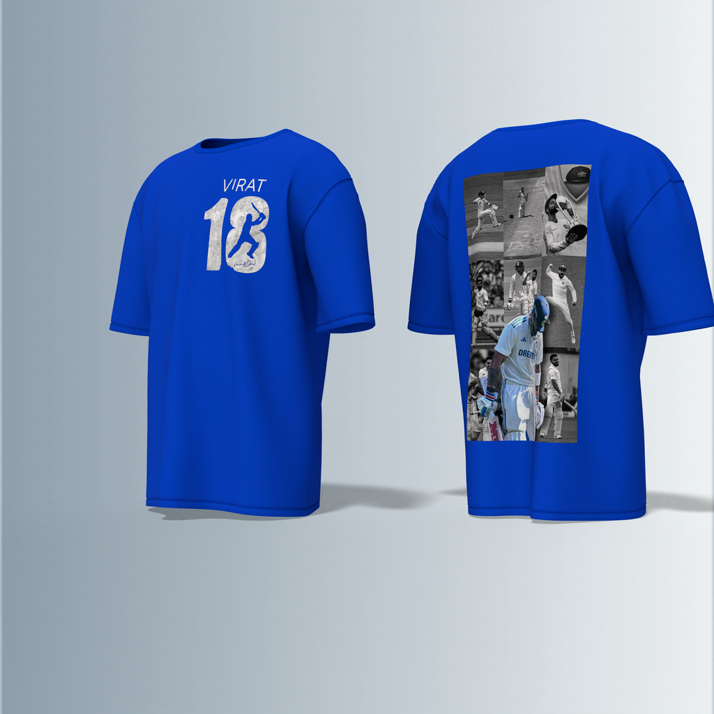 LIMITED EDITION Oversized Round-Neck Tee Showcasing Iconic Cricket Action Collage on Back and Bold ‘VIRAT 18’ Graphic with Silhouette Batsman on Front