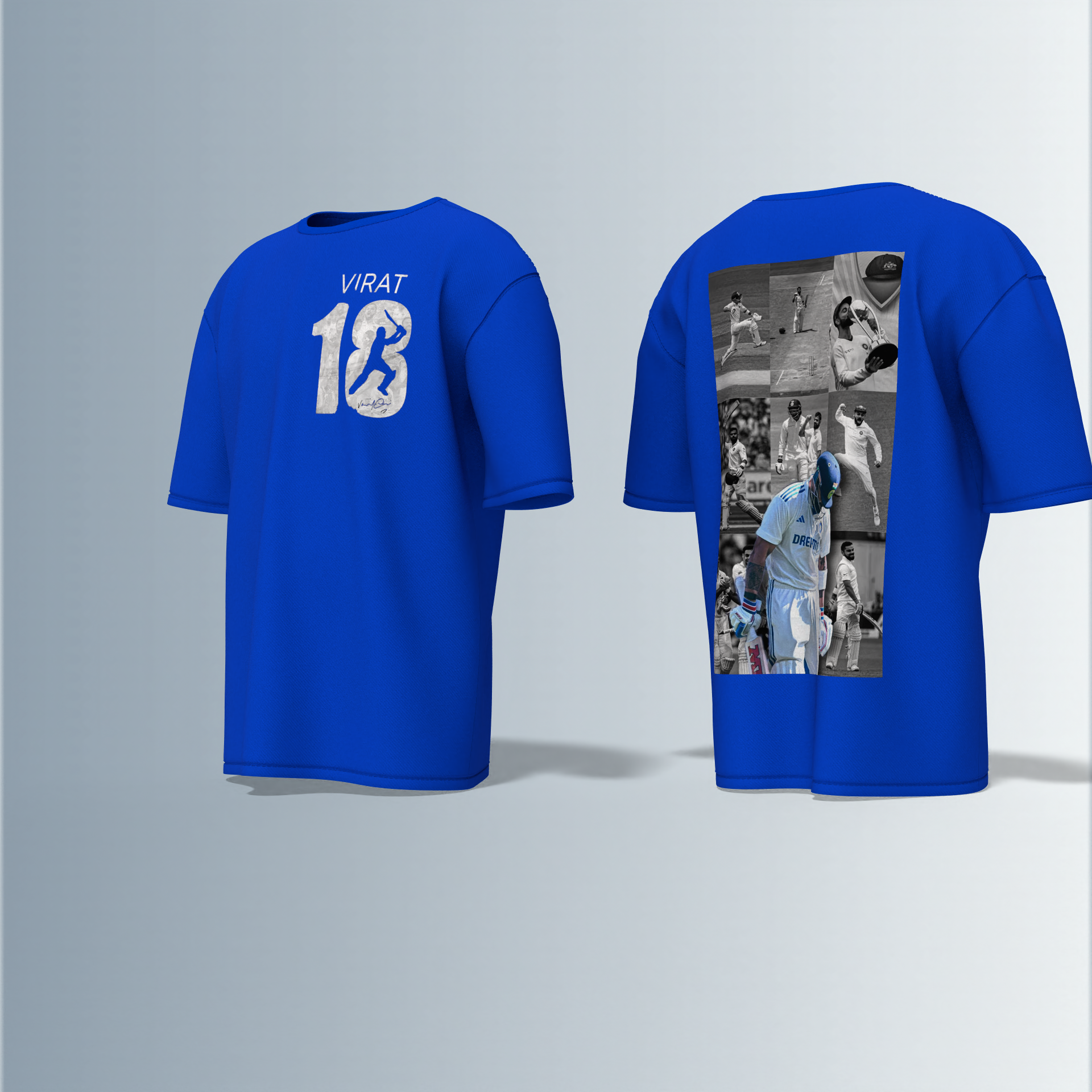 LIMITED EDITION Oversized Round-Neck Tee Showcasing Iconic Cricket Action Collage on Back and Bold ‘VIRAT 18’ Graphic with Silhouette Batsman on Front