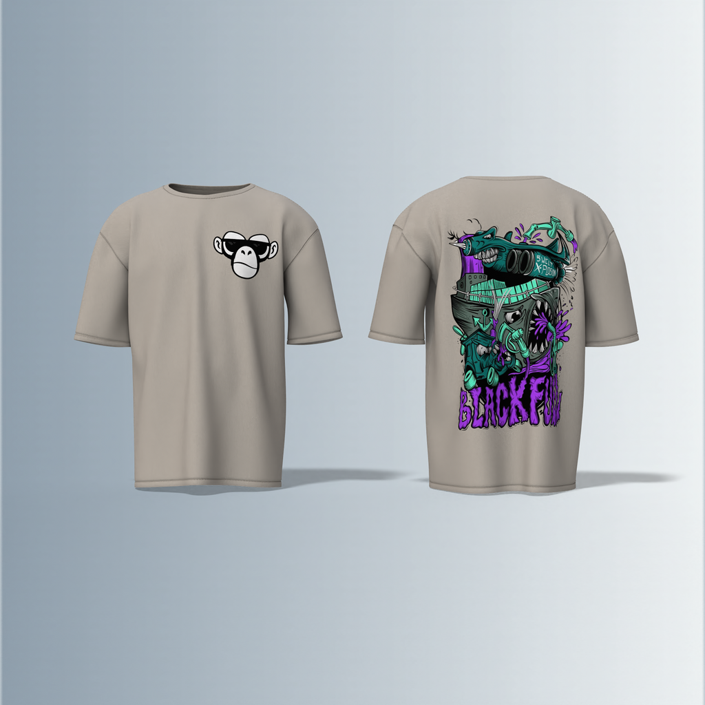 Oversized Round-Neck Tee Featuring Front Minimalist Cartoon Ape Face Design and Back Bold Graffiti-Style Art with Industrial Elements, Neon Accents, and ‘BLACK FUN’ Text