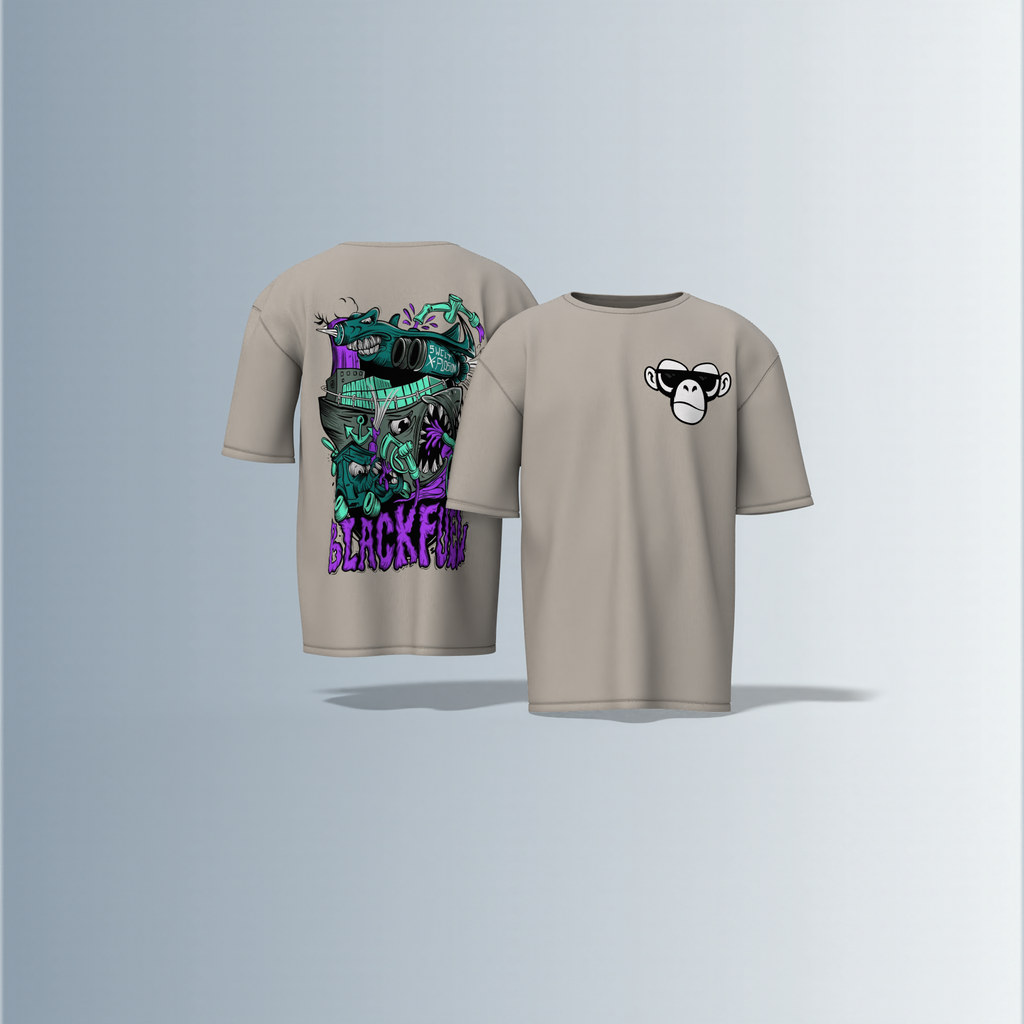 Oversized Round-Neck Tee Featuring Front Minimalist Cartoon Ape Face Design and Back Bold Graffiti-Style Art with Industrial Elements, Neon Accents, and ‘BLACK FUN’ Text