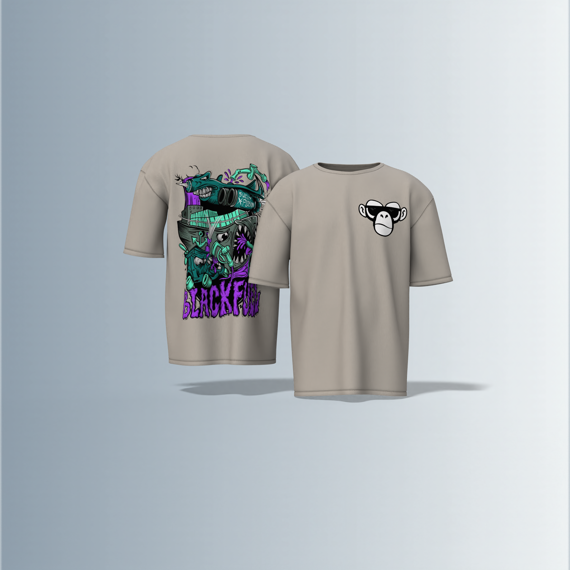 Oversized Round-Neck Tee Featuring Front Minimalist Cartoon Ape Face Design and Back Bold Graffiti-Style Art with Industrial Elements, Neon Accents, and ‘BLACK FUN’ Text