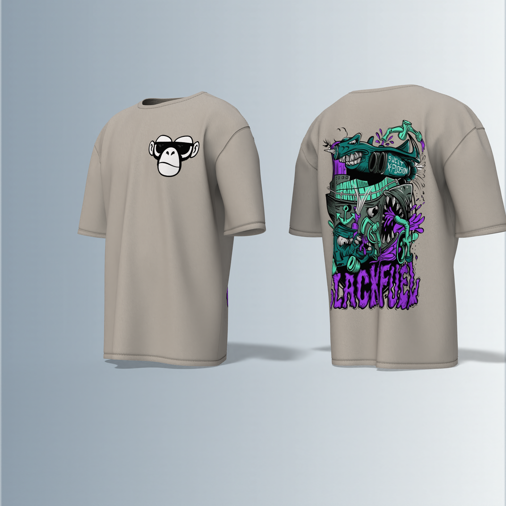 Oversized Round-Neck Tee Featuring Front Minimalist Cartoon Ape Face Design and Back Bold Graffiti-Style Art with Industrial Elements, Neon Accents, and ‘BLACK FUN’ Text