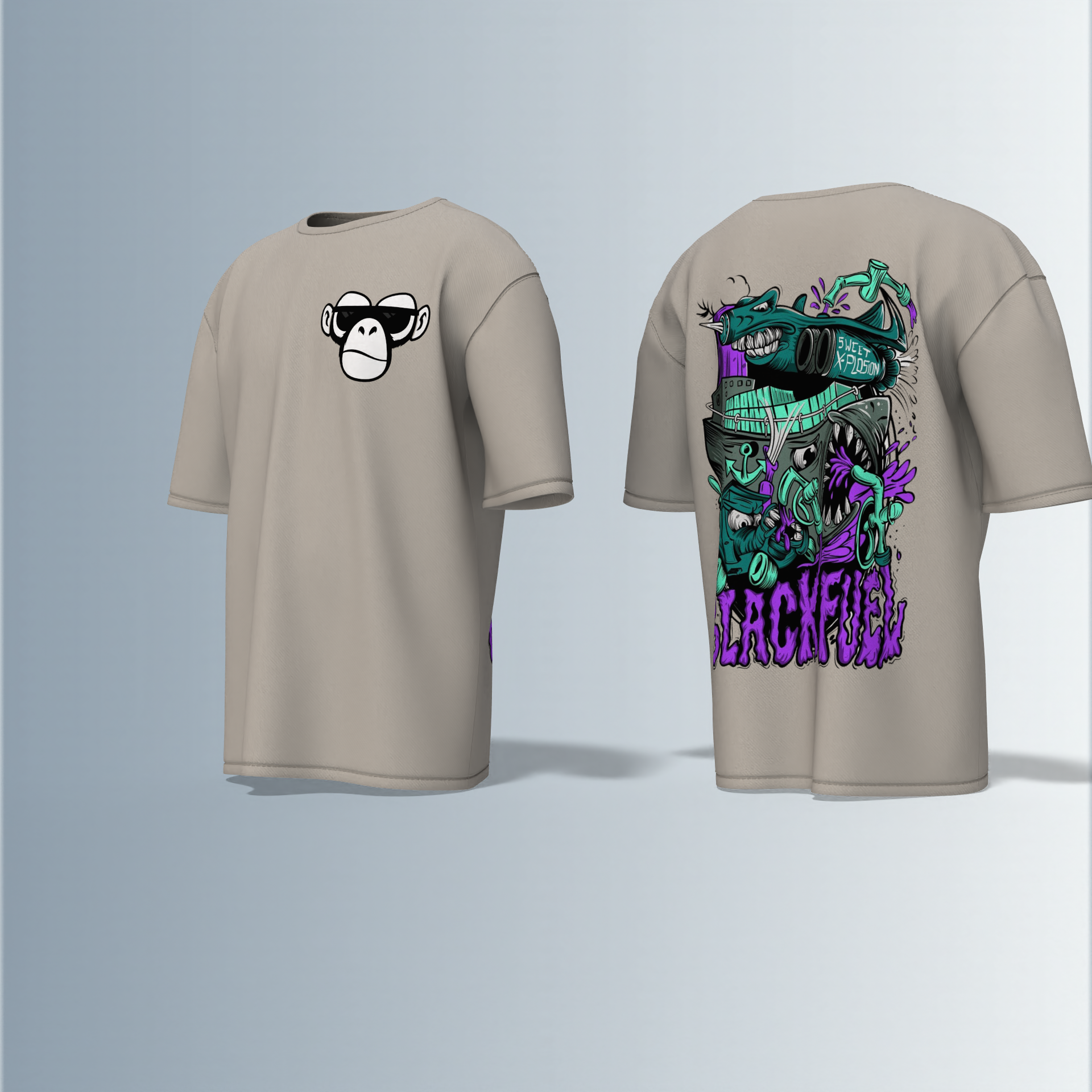 Oversized Round-Neck Tee Featuring Front Minimalist Cartoon Ape Face Design and Back Bold Graffiti-Style Art with Industrial Elements, Neon Accents, and ‘BLACK FUN’ Text