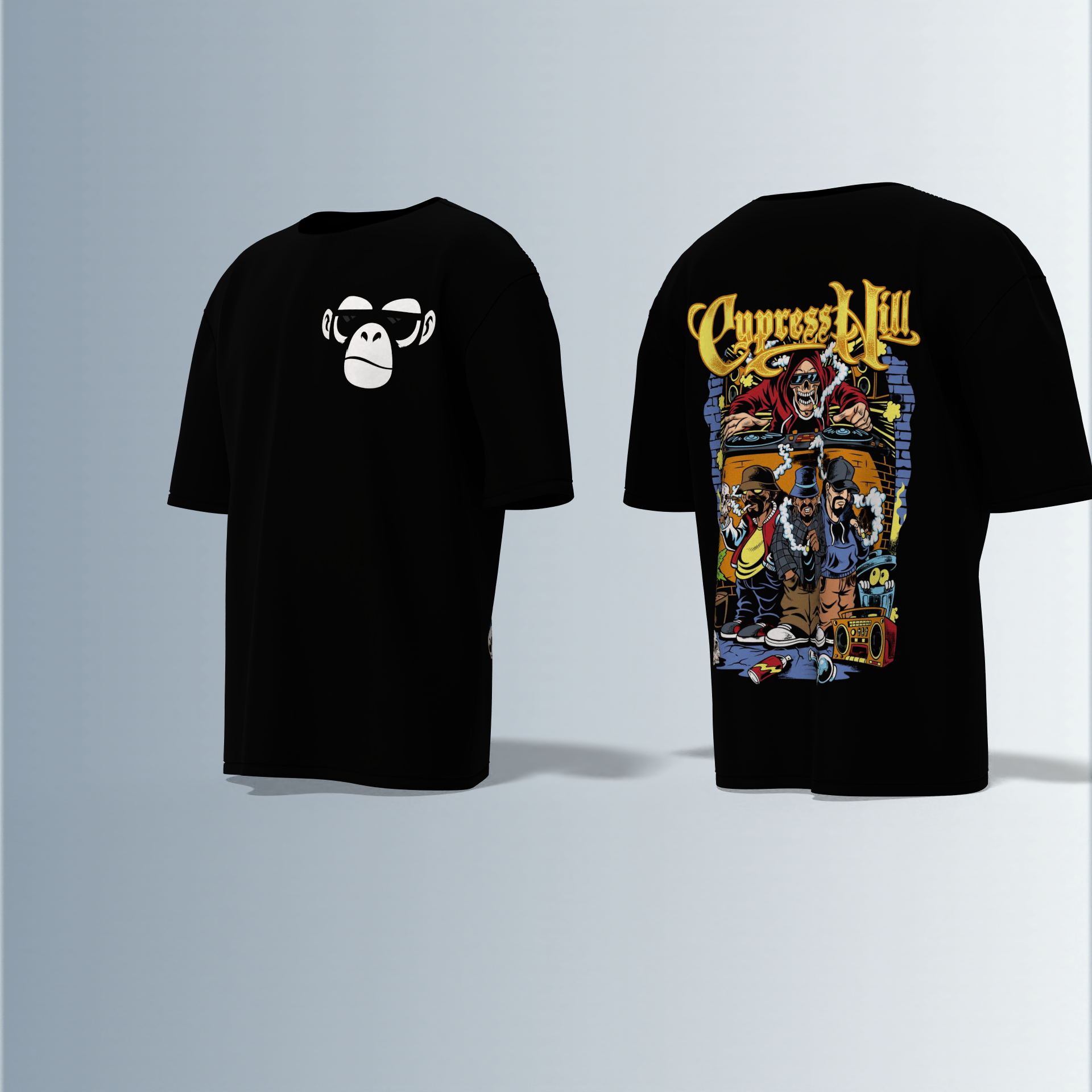 Oversized Round-Neck Tee Featuring Front Minimalist Cool Ape Face Graphic and Back Bold ‘Cypress Hill’ Themed Artwork with Skull, Grim Reaper, and Urban Street Elements in Vibrant Colors