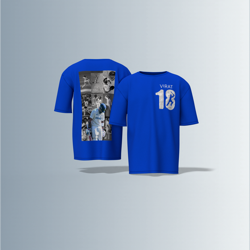 LIMITED EDITION Oversized Round-Neck Tee Showcasing Iconic Cricket Action Collage on Back and Bold ‘VIRAT 18’ Graphic with Silhouette Batsman on Front
