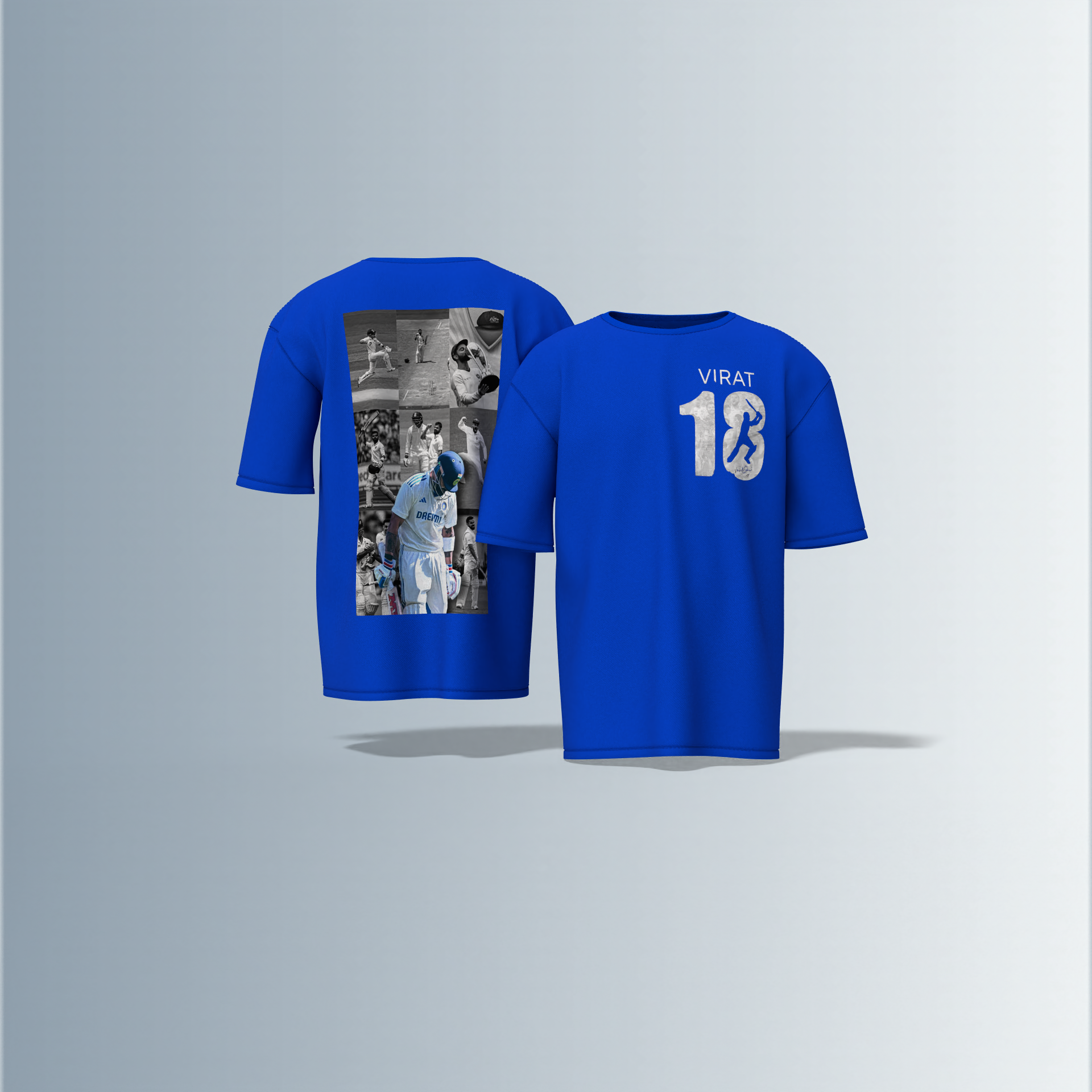 LIMITED EDITION Oversized Round-Neck Tee Showcasing Iconic Cricket Action Collage on Back and Bold ‘VIRAT 18’ Graphic with Silhouette Batsman on Front