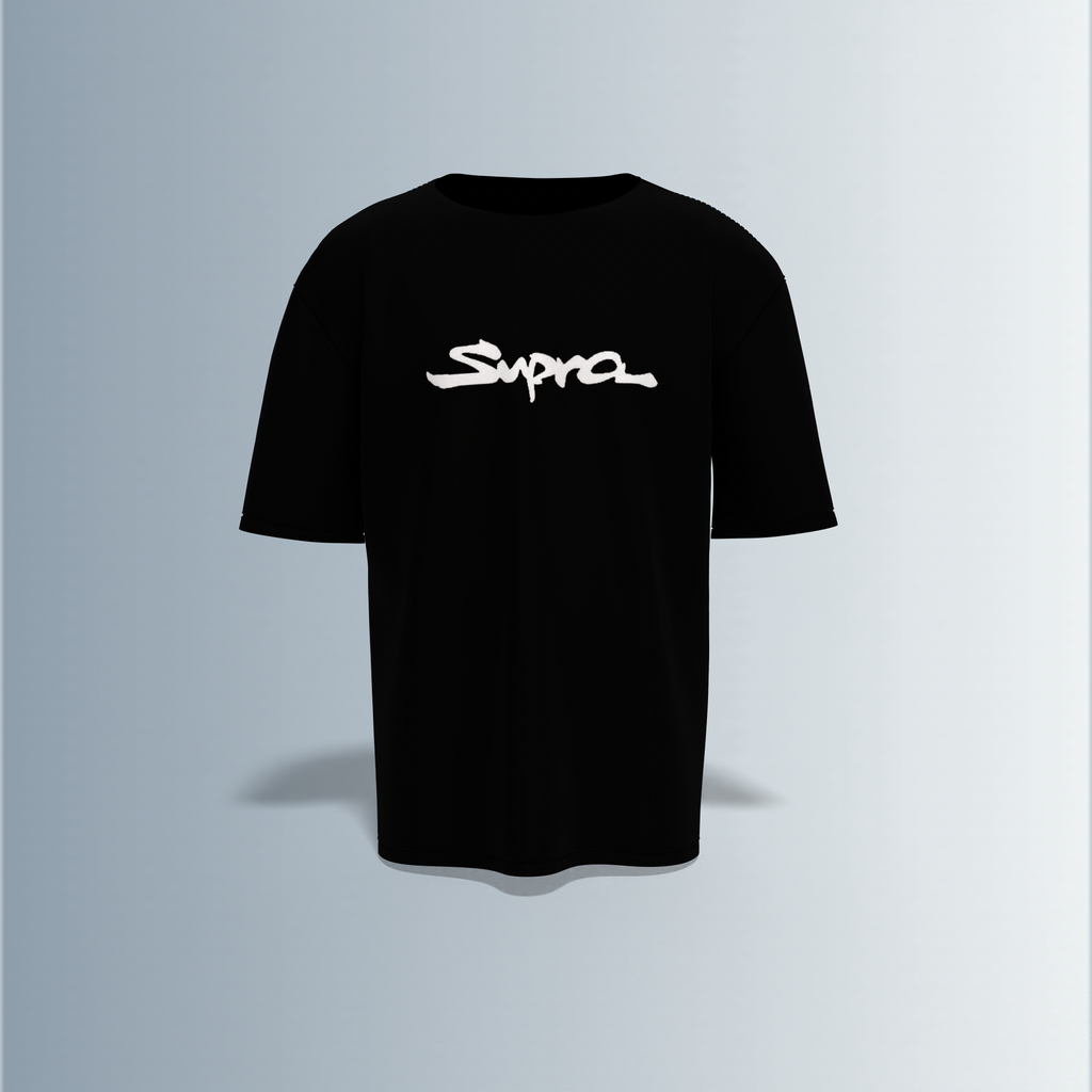 Oversized Round-Neck Tee Featuring Bold “Supra” Typography on Front and Striking Multi-Angle Sports Car Graphic Collage on Back