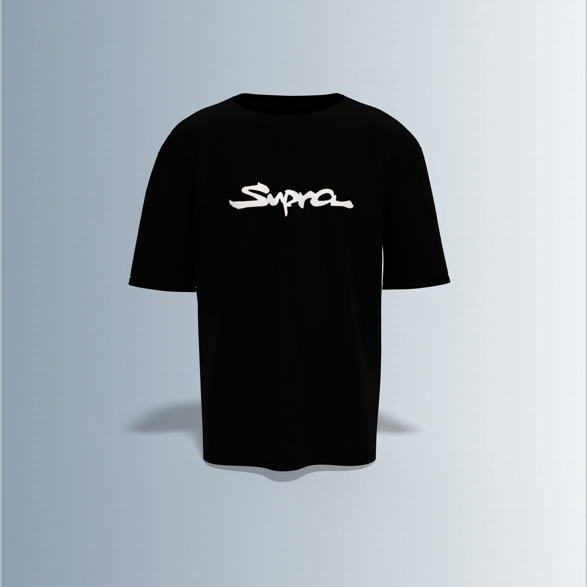 Oversized Round-Neck Tee Featuring Bold “Supra” Typography on Front and Striking Multi-Angle Sports Car Graphic Collage on Back