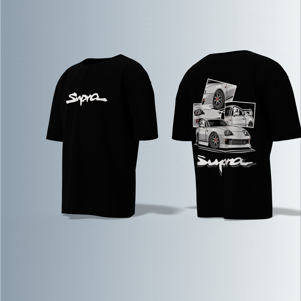 Oversized Round-Neck Tee Featuring Bold “Supra” Typography on Front and Striking Multi-Angle Sports Car Graphic Collage on Back