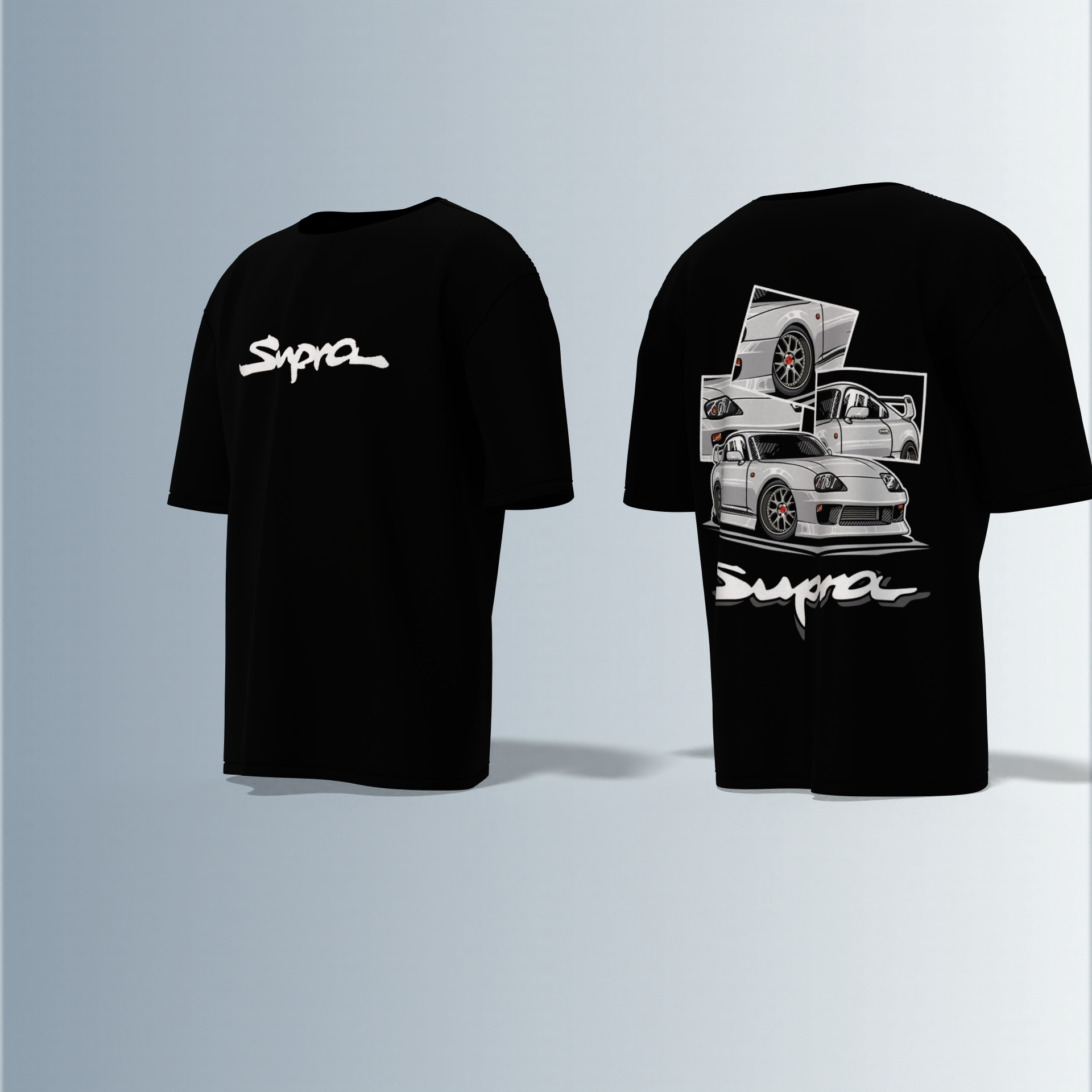 Oversized Round-Neck Tee Featuring Bold “Supra” Typography on Front and Striking Multi-Angle Sports Car Graphic Collage on Back