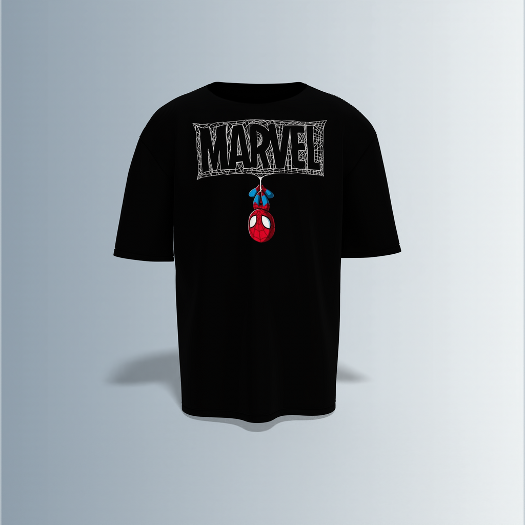 Oversized Round-Neck T-Shirt Featuring a Bold Logo with Hanging Spider-Man Icon – Graphic Statement Piece for Superhero Fans