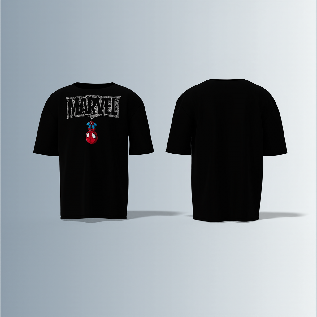 Oversized Round-Neck T-Shirt Featuring a Bold Logo with Hanging Spider-Man Icon – Graphic Statement Piece for Superhero Fans