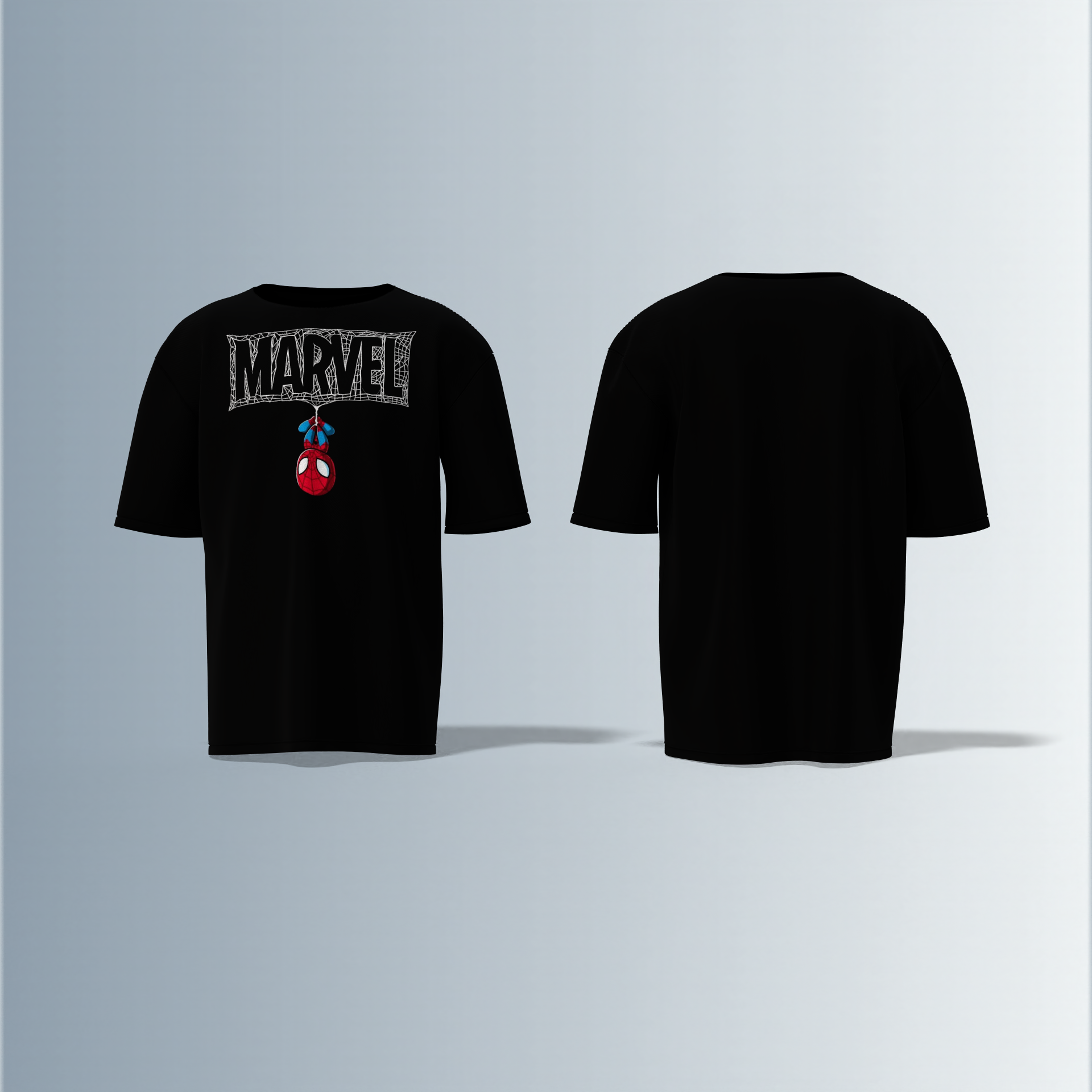 Oversized Round-Neck T-Shirt Featuring a Bold Logo with Hanging Spider-Man Icon – Graphic Statement Piece for Superhero Fans