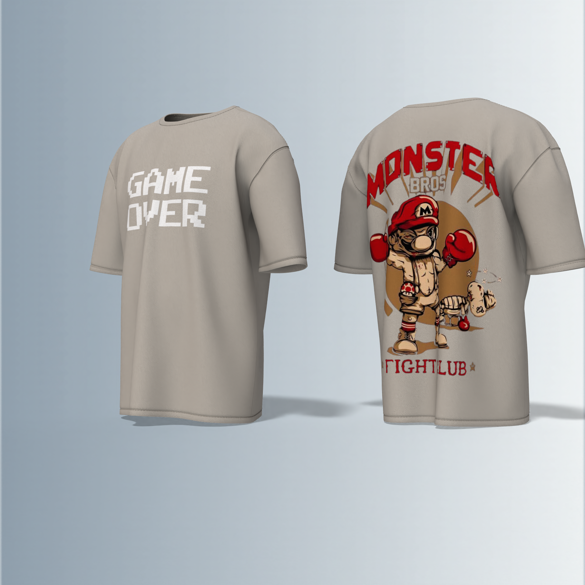 Oversized Round-Neck T-Shirt with Bold "GAME OVER" Front Print and Back Graphic of Monster Bros Fight Club Boxing Theme – Retro Gaming Meets Streetwear