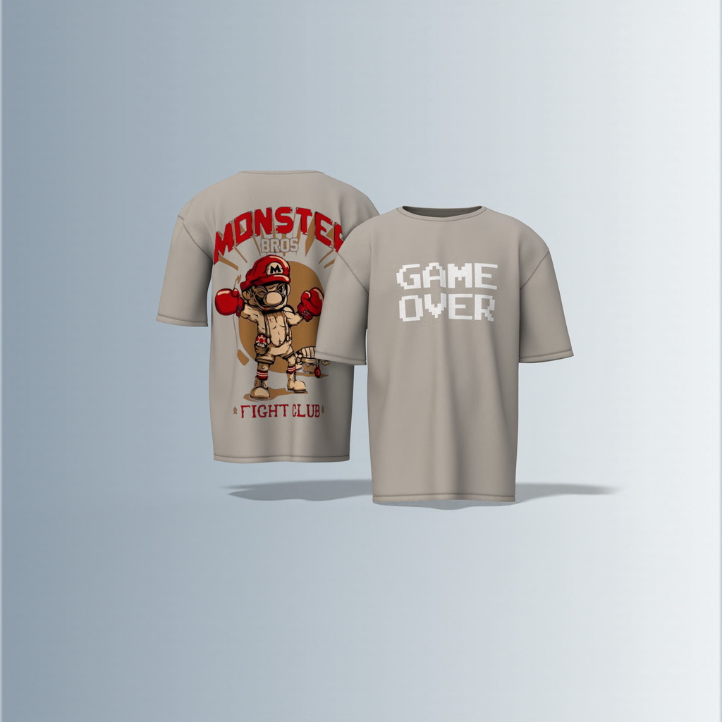 Oversized Round-Neck T-Shirt with Bold "GAME OVER" Front Print and Back Graphic of Monster Bros Fight Club Boxing Theme – Retro Gaming Meets Streetwear