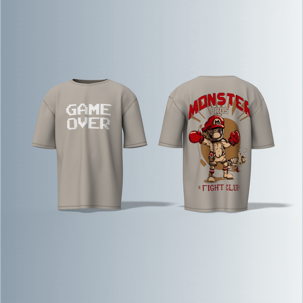 Oversized Round-Neck T-Shirt with Bold "GAME OVER" Front Print and Back Graphic of Monster Bros Fight Club Boxing Theme – Retro Gaming Meets Streetwear