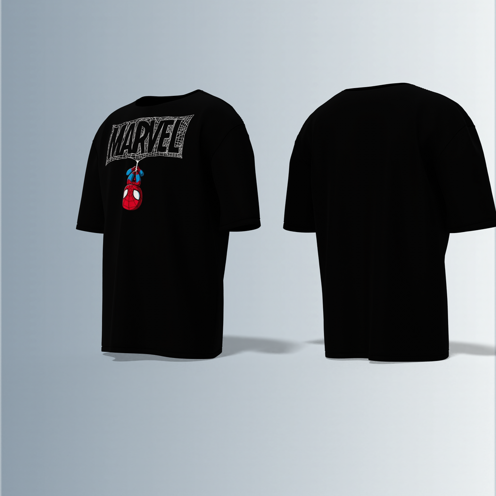 Oversized Round-Neck T-Shirt Featuring a Bold Logo with Hanging Spider-Man Icon – Graphic Statement Piece for Superhero Fans