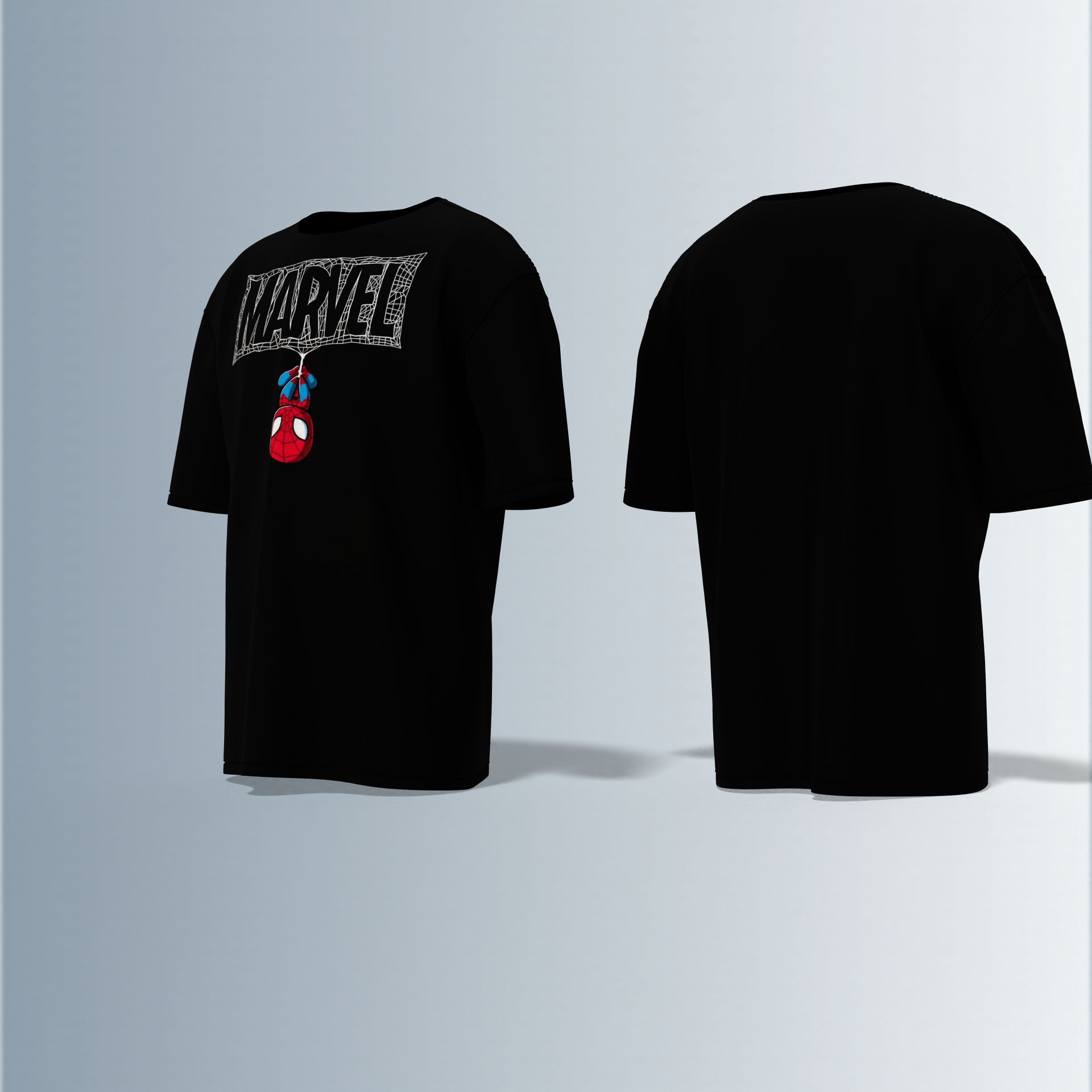 Oversized Round-Neck T-Shirt Featuring a Bold Logo with Hanging Spider-Man Icon – Graphic Statement Piece for Superhero Fans