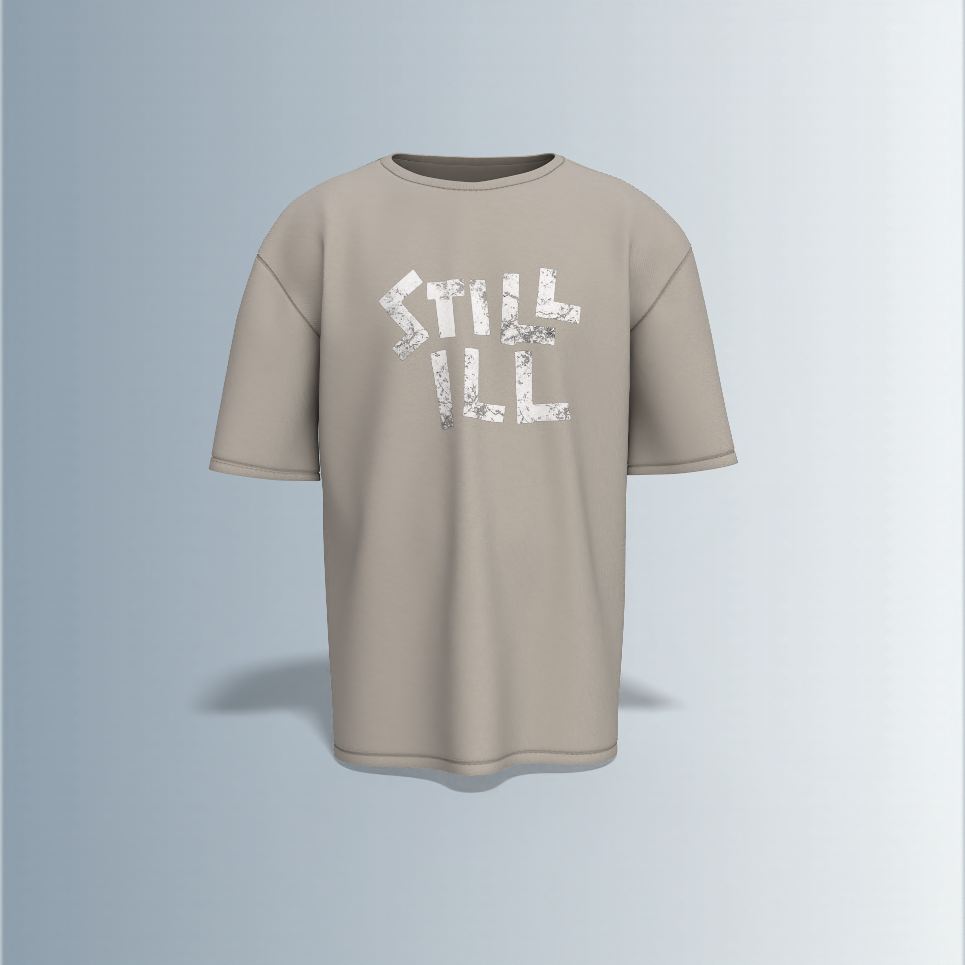 Oversized Round-Neck T-Shirt with Distressed "STILL ILL" Front Print and Back Graphic of Skeleton Smoking with the Quote "Mentally Ill, But Totally Chill" – Bold Statement Streetwear with Dark Humour Edge