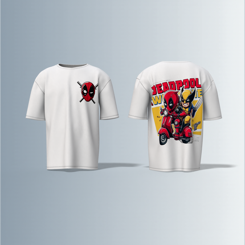 Oversized Round-Neck T-Shirt with Minimal Deadpool Logo on Front and Bold Comic-Style Back Graphic Featuring Deadpool and Wolverine on a Scooter – Fun, Action-Packed Superhero Streetwear