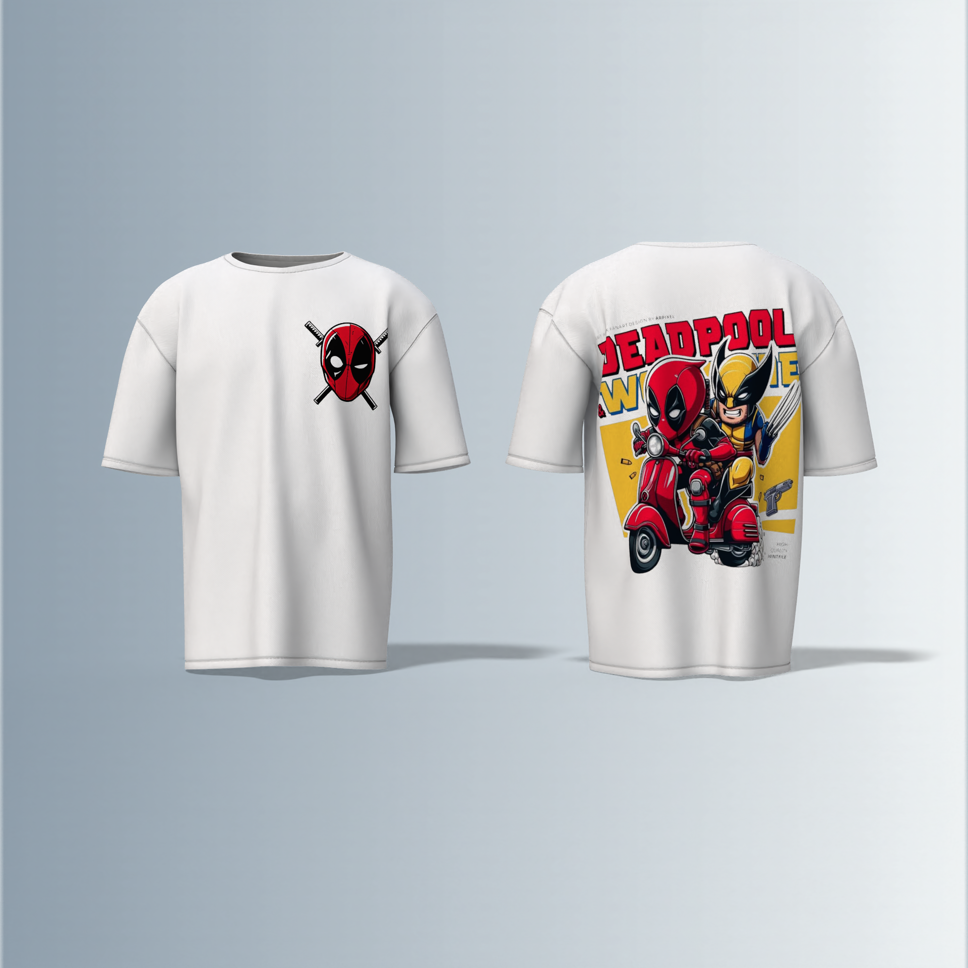 Oversized Round-Neck T-Shirt with Minimal Deadpool Logo on Front and Bold Comic-Style Back Graphic Featuring Deadpool and Wolverine on a Scooter – Fun, Action-Packed Superhero Streetwear