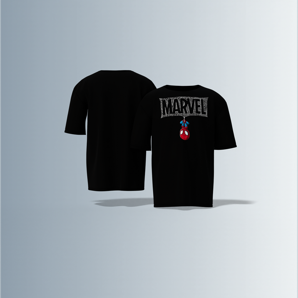 Oversized Round-Neck T-Shirt Featuring a Bold Logo with Hanging Spider-Man Icon – Graphic Statement Piece for Superhero Fans